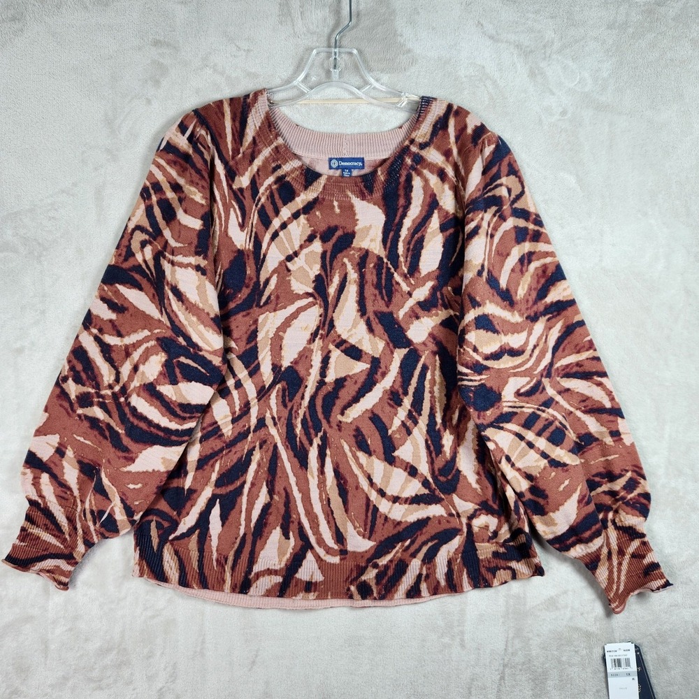 Democracy Abstract Animal Print Sweater Womens‎ 2X Pink Brown Soft Comfy Casual